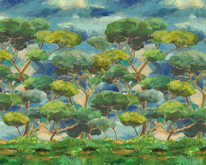 Designers Guild Matsu Wallpaper - Grasscloth - Artistic depiction of trees with a blue sky background