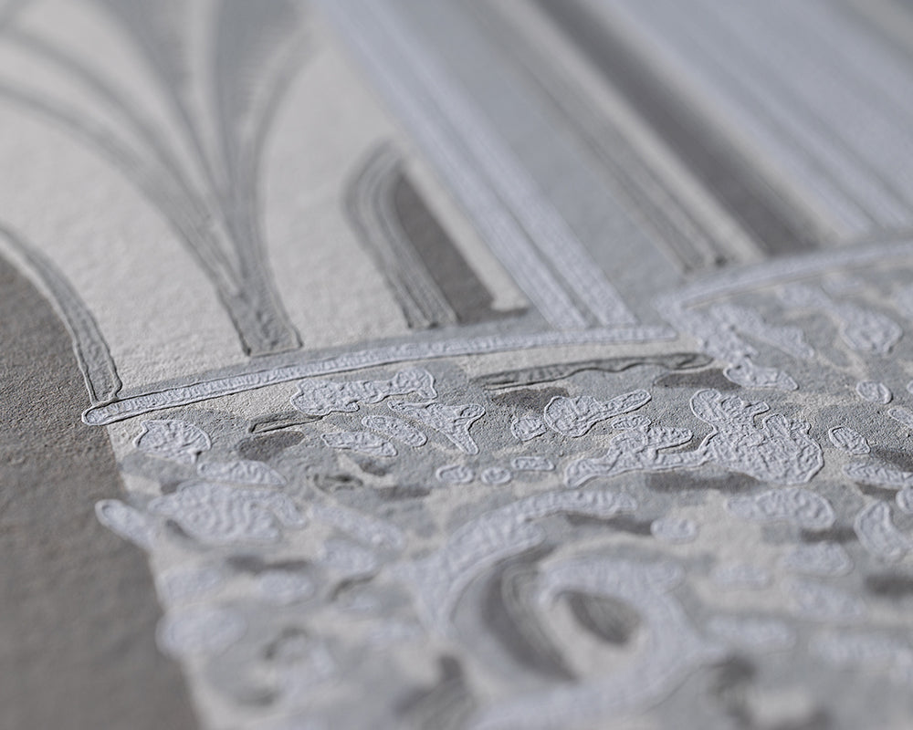 Close-up of a textured paper, Farrow & Ball Gothic, featuring an embossed architectural design with classical columns and ornate scrollwork in light grey and white.