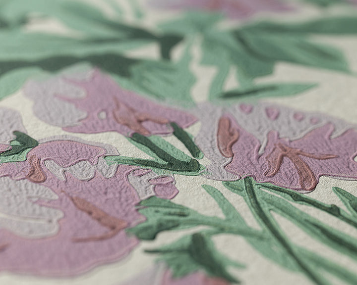 A close-up of the textured paper surface featuring a floral pattern in soft pink and green tones, Sweet Pea by Farrow & Ball.