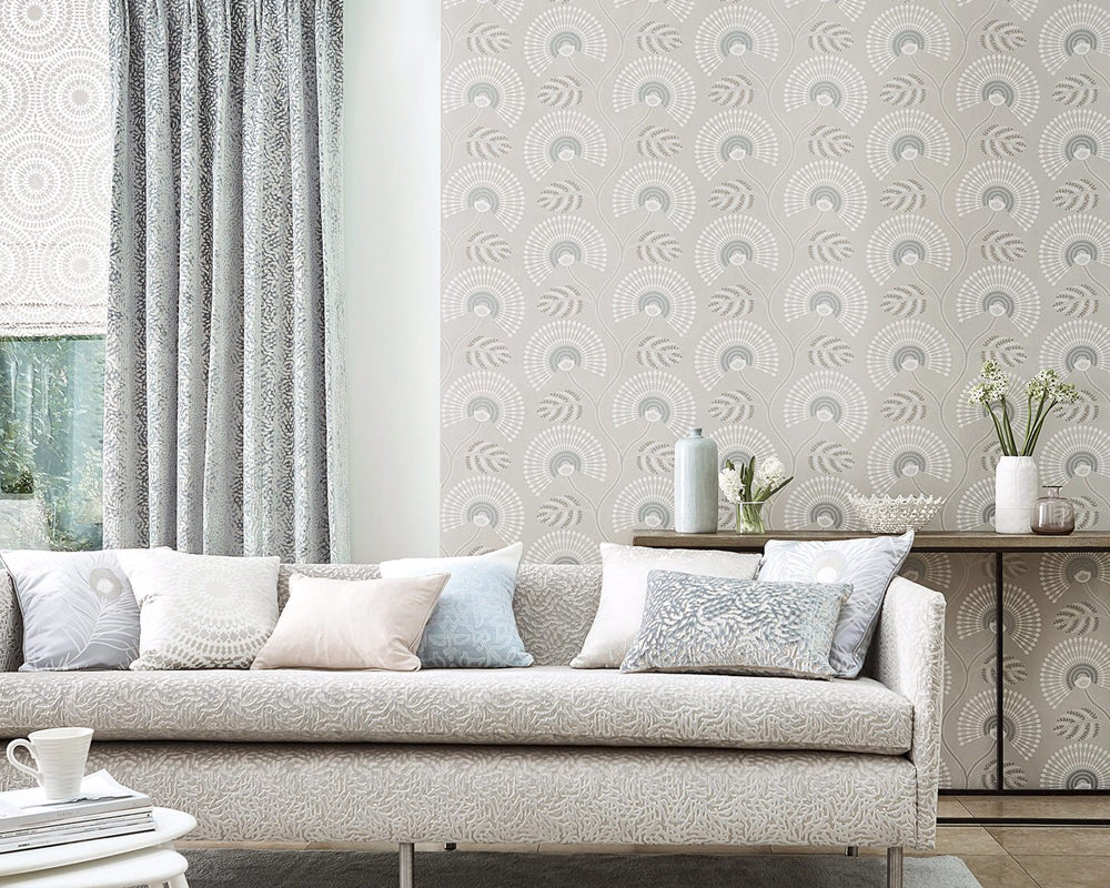 Harlequin Louella Wallpaper in Seaglass/Pearl in a living room