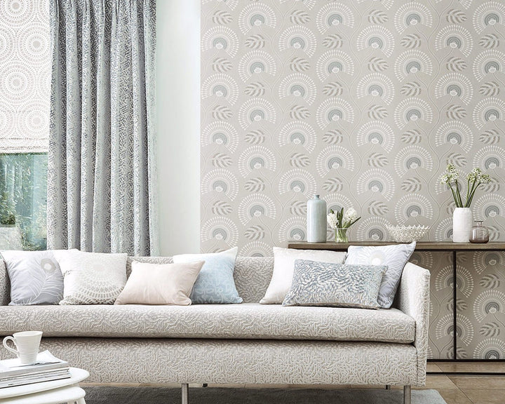 Harlequin Louella Wallpaper in Seaglass/Pearl in a living room