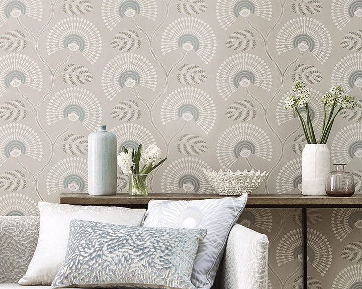 Harlequin Louella Wallpaper in Seaglass/Pearl in a living room