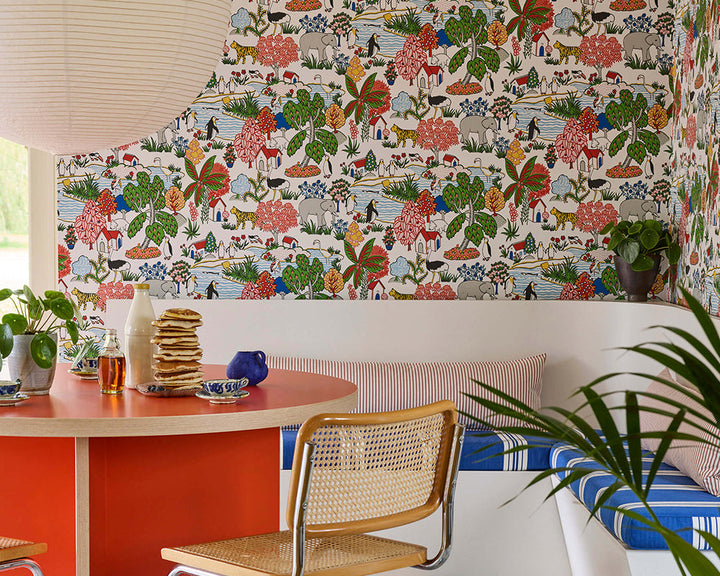 Little Greene Animal Kingdom Wallpaper in Atomic in an dinning space
