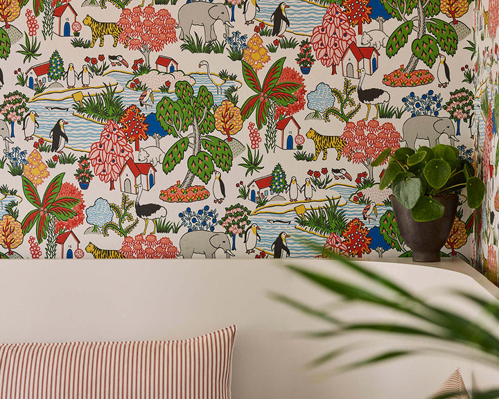 Little Greene Animal Kingdom Wallpaper in Atomic in an dinning space close up