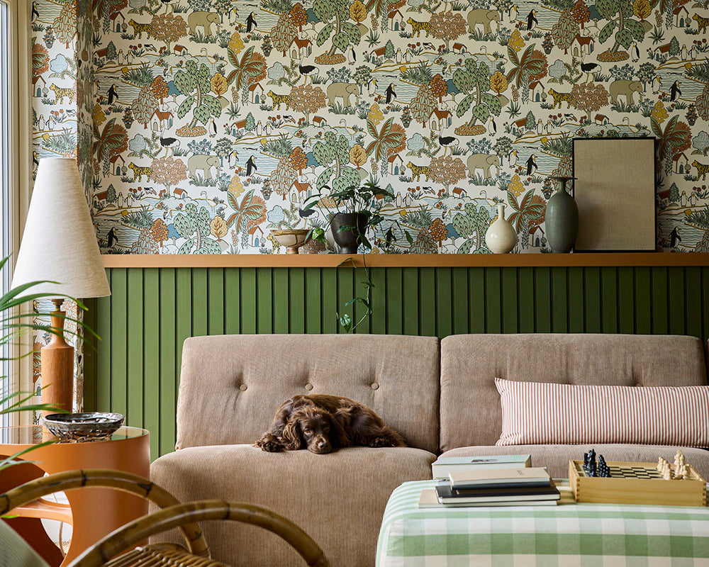 Little Greene Animal Kingdom Wallpaper in Pea in a living room