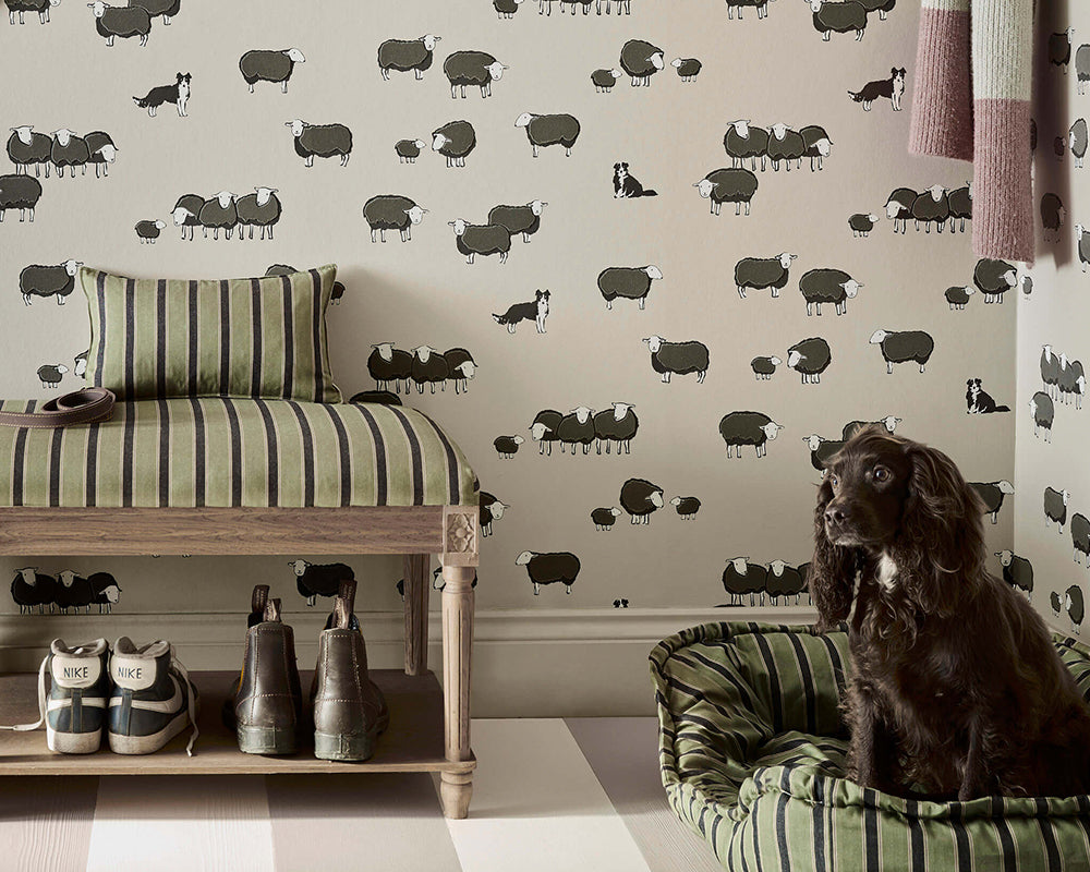 Little Greene Nip & Lassie Wallpaper in Slaked Lime Dark in a hallway