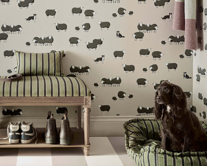Little Greene Nip & Lassie Wallpaper in Slaked Lime Dark in a hallway