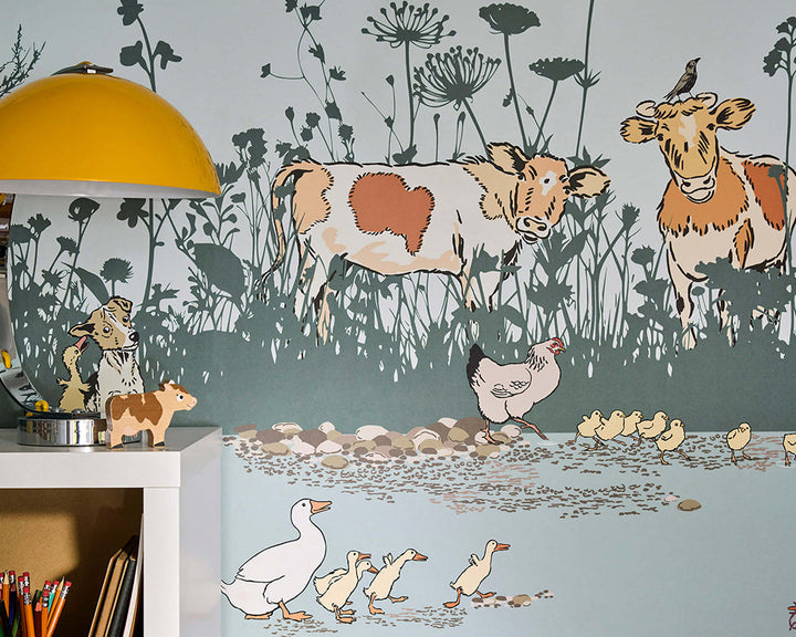 Little Greene Riverside Capers Wallpaper in Moo in a kid's bedroom close up