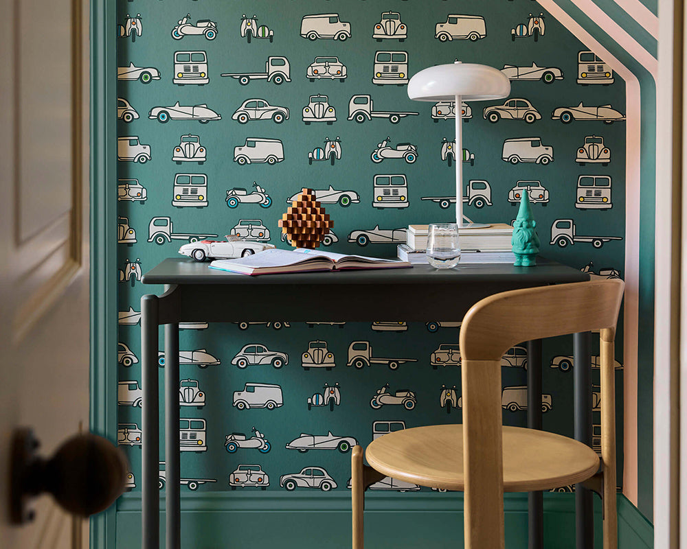 Little Greene Road Trip Wallpaper in Pleat in an office space