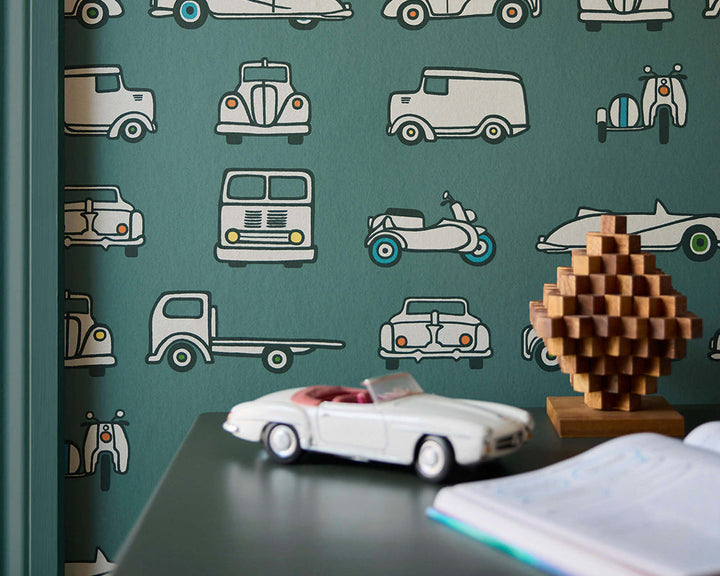 Little Greene Road Trip Wallpaper in Pleat in an office space close up