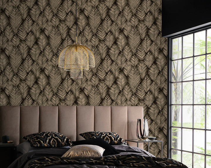 Clarke & Clarke Folius Wallpaper in Charcoal and Gilver in a bedroom