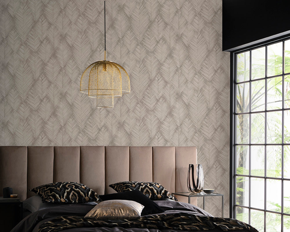 Clarke & Clarke Folius Wallpaper in Putty used in a bedroom