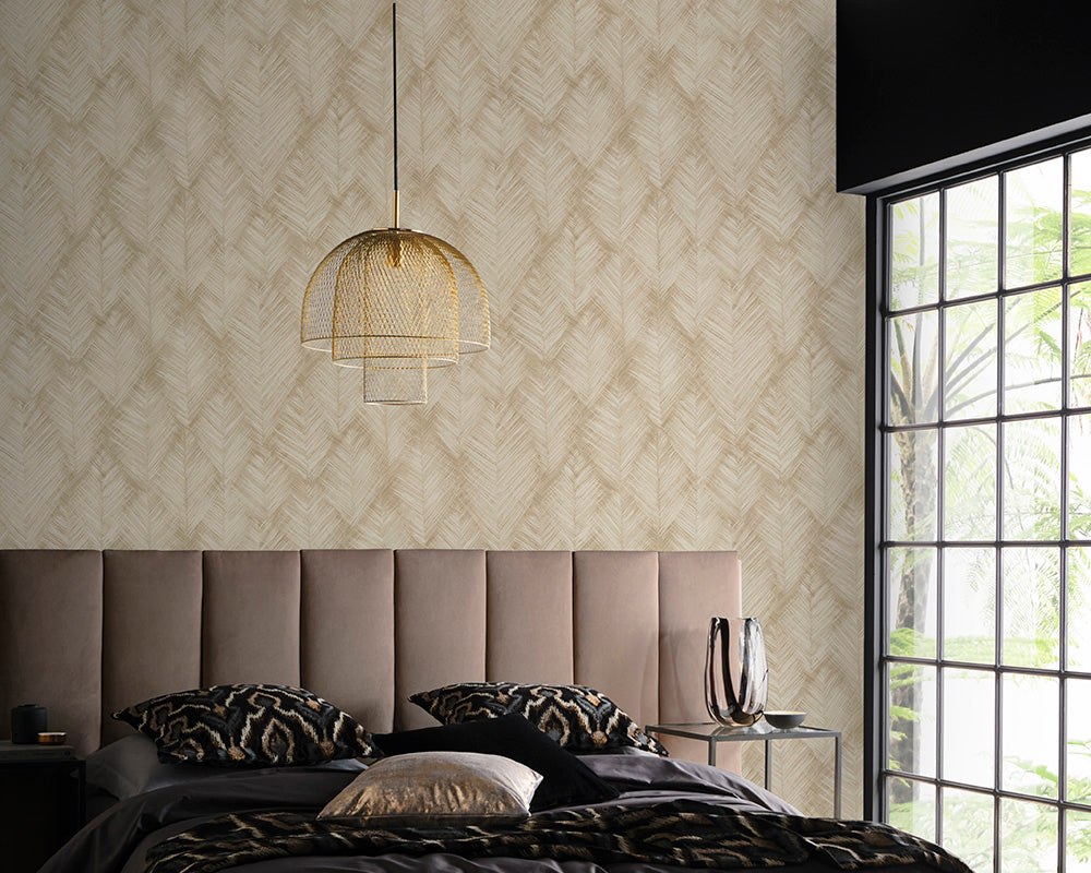 Clarke & Clarke Folius Wallpaper in Sahara usied in a bedroom