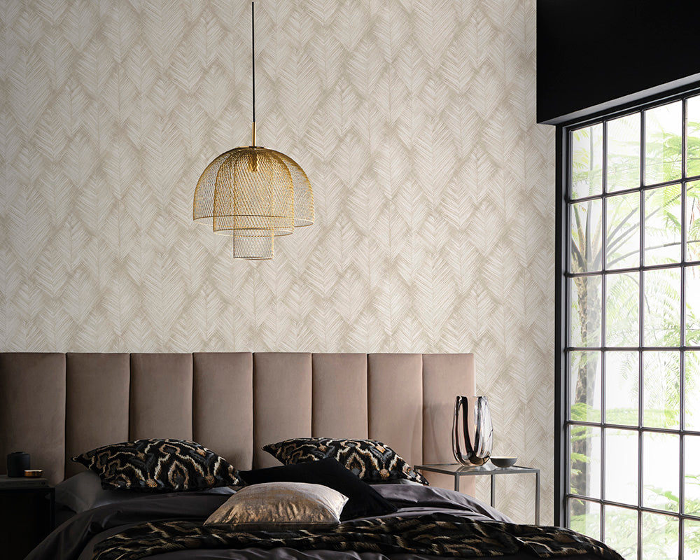 Clarke & Clarke Folius Wallpaper in Linen used in a bedroom