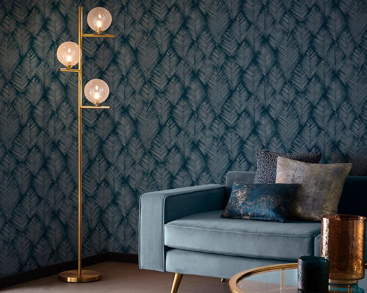 Clarke & Clarke Folius Wallpaper in Midnight in a living room