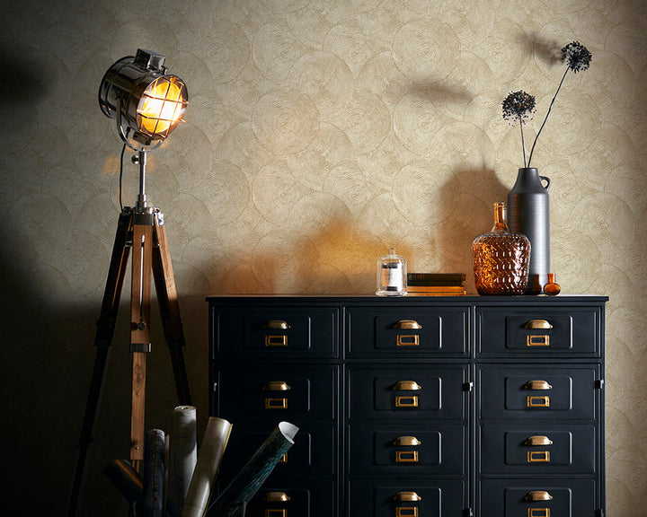 Clarke & Clarke Silvan Wallpaper in Sahara with a dresser