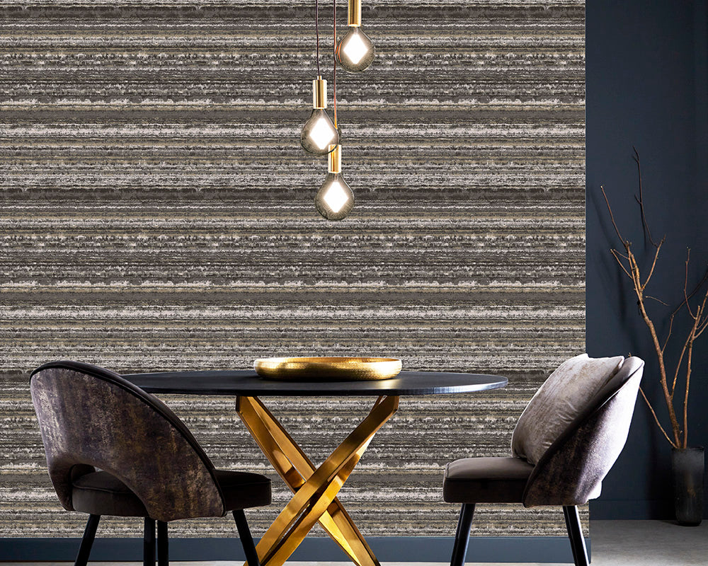 Clarke & Clarke Striatus Wallpaper in charcoal hung horizontally in a dining room