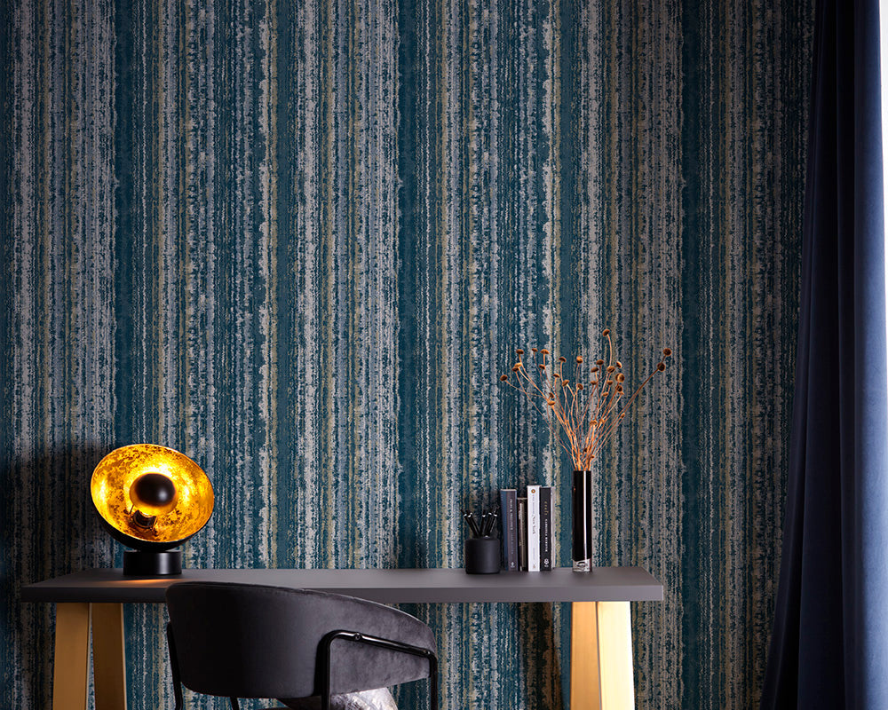 Clarke & Clarke Striatus Wallpaper in Midnight in a dining room