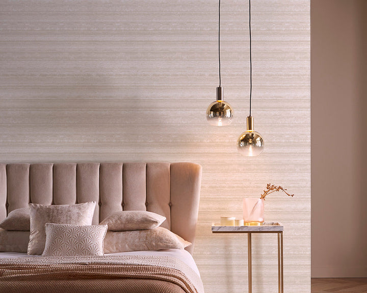 Clarke & Clarke Striatus Wallpaper in Parchment in a bedroom