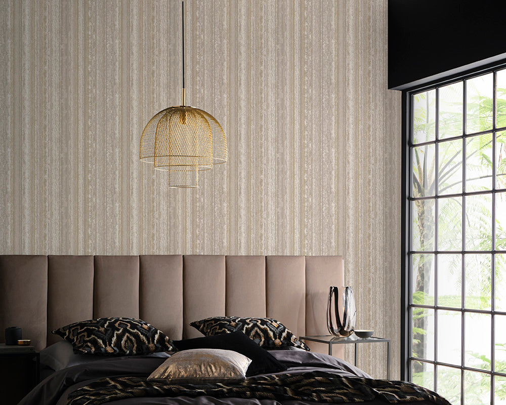 Clarke & Clarke Striatus Wallpaper in pebble in a bedroom