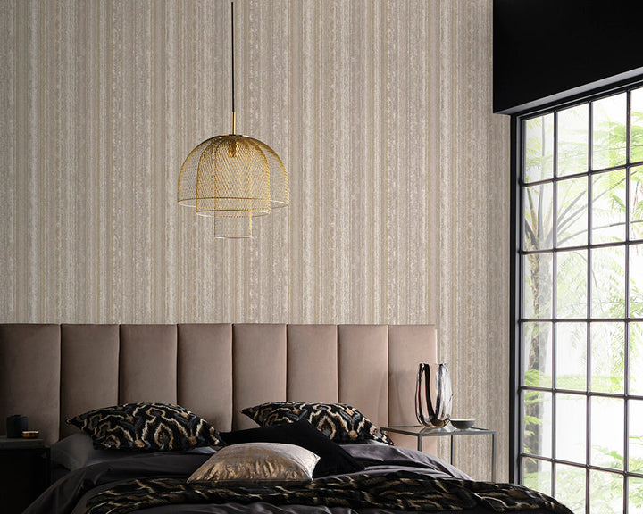 Clarke & Clarke Striatus Wallpaper in pebble in a bedroom