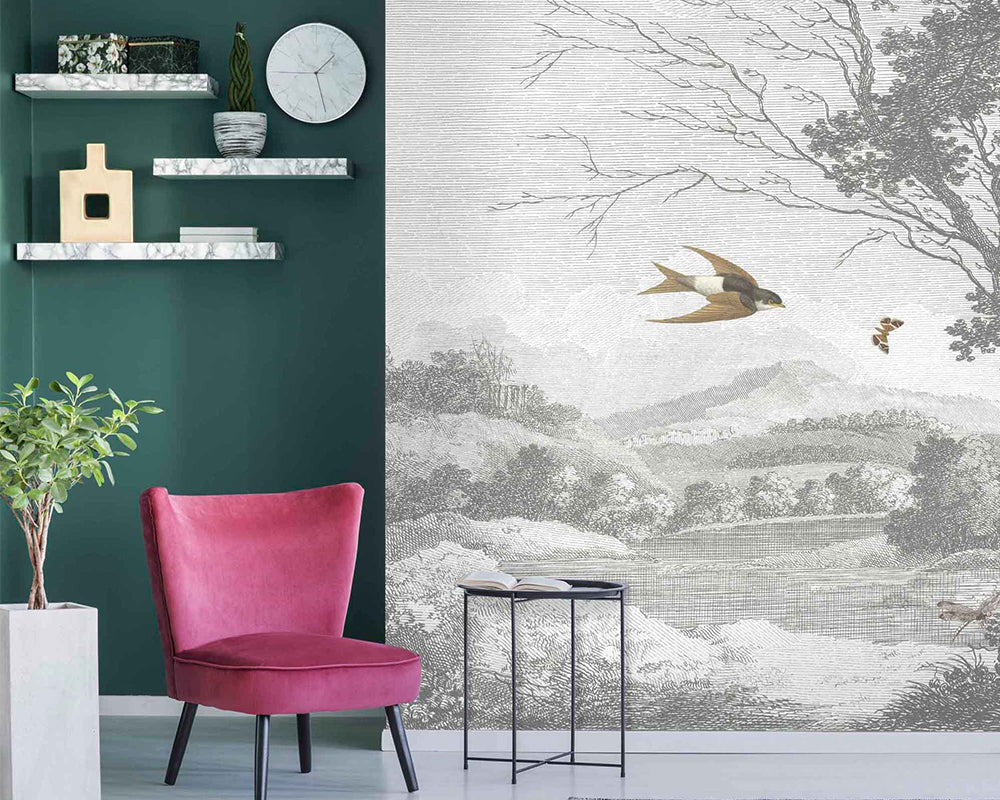 Woodchip & Magnolia Zephyr Mural Wallpaper in a living room