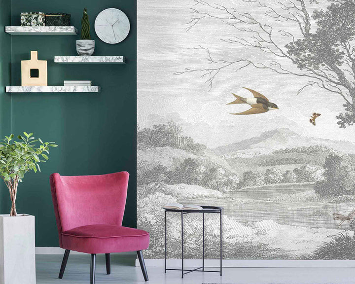 Woodchip & Magnolia Zephyr Mural Wallpaper in a living room