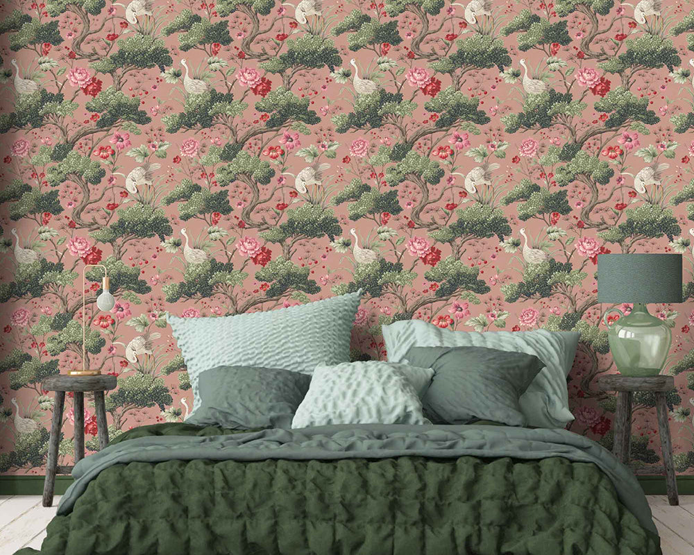 Woodchip & Magnolia Crane Bird Wallpaper in a bedroom