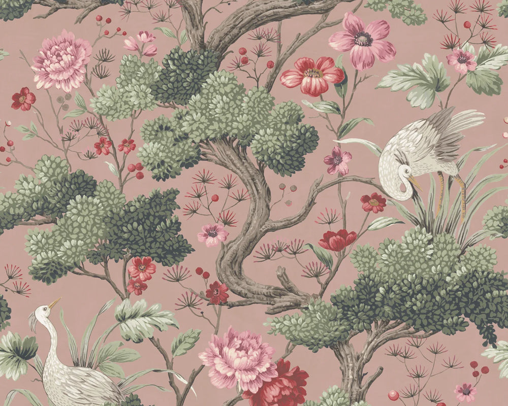 Woodchip & Magnolia Crane Bird Wallpaper in Vintage Pink