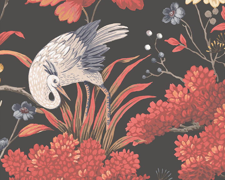 Woodchip & Magnolia Crane Bird Wallpaper close up