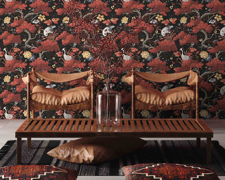 Woodchip & Magnolia Crane Bird Wallpaper in a living room