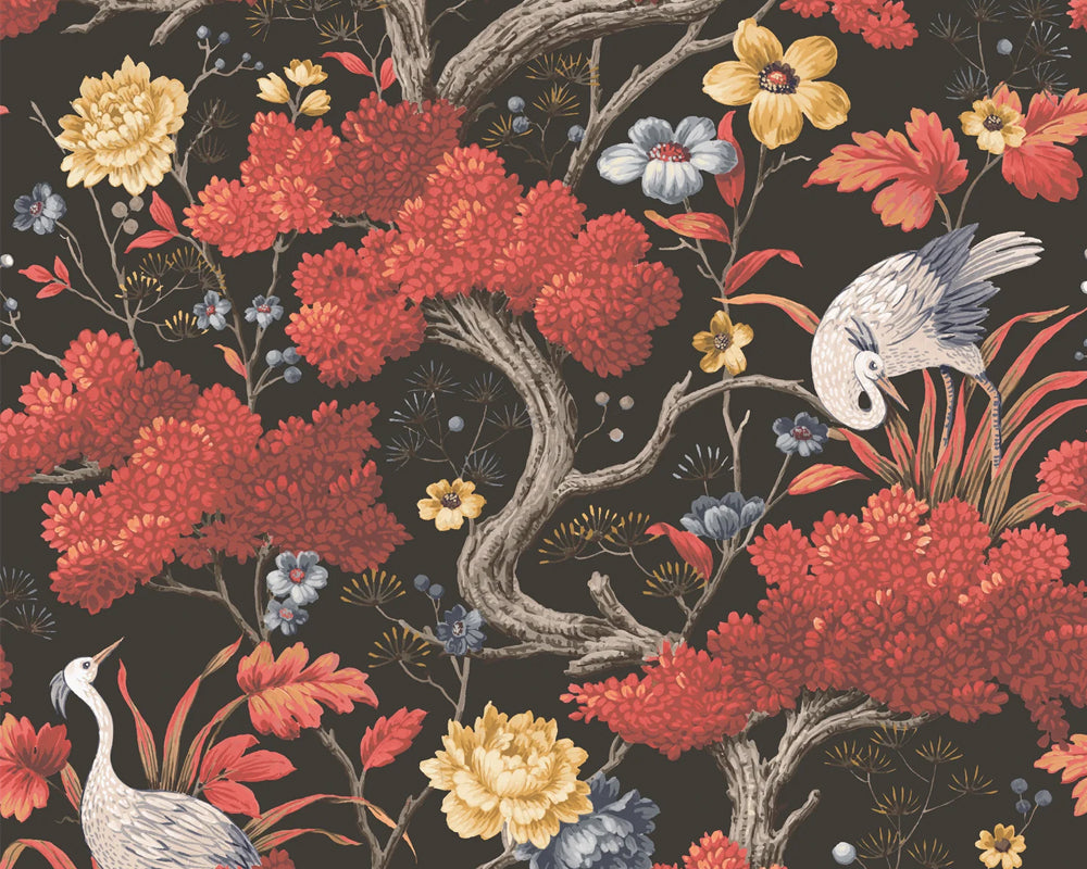 Woodchip & Magnolia Crane Bird Wallpaper