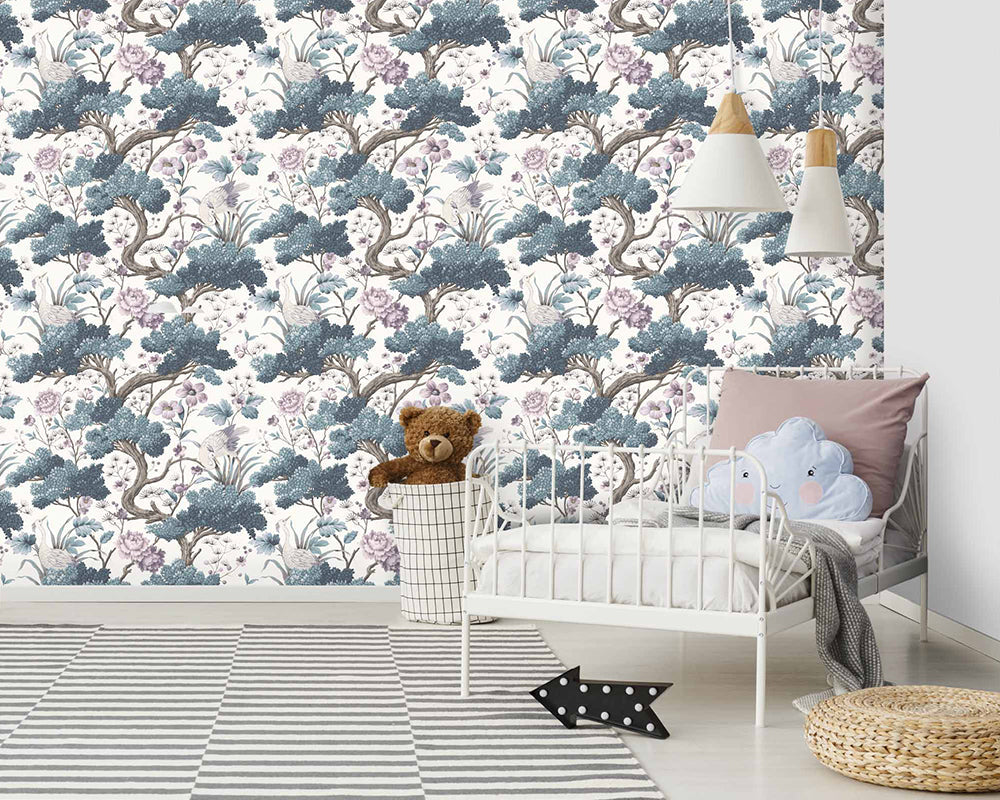 Woodchip & Magnolia Crane Bird Wallpaper in a kids bedroom