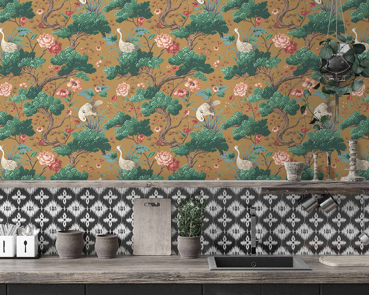 Woodchip & Magnolia Crane Bird Wallpaper in a kitchen