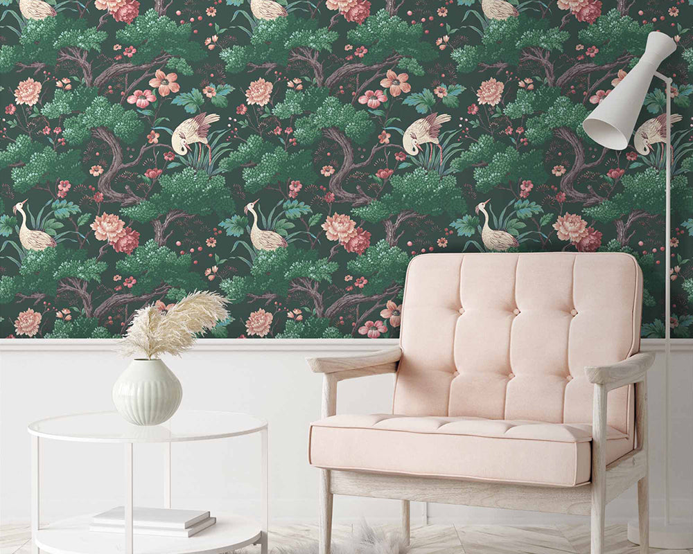 Woodchip & Magnolia Crane Bird Wallpaper in a living room