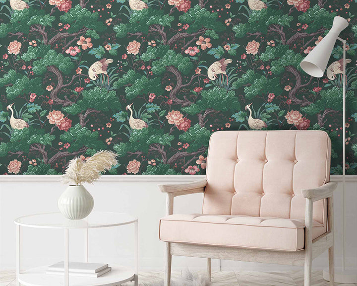 Woodchip & Magnolia Crane Bird Wallpaper in a living room