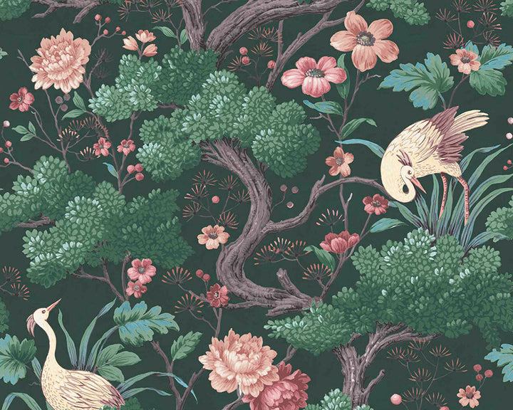 Woodchip & Magnolia Crane Bird Wallpaper