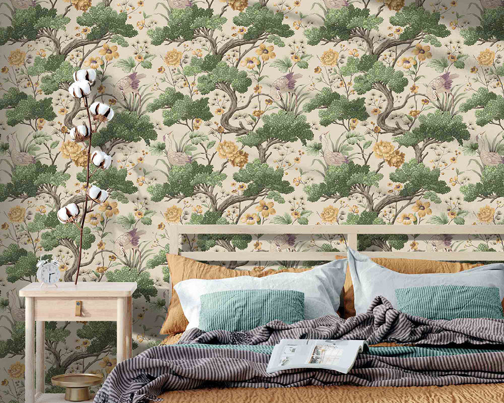 Woodchip & Magnolia Crane Bird Wallpaper in a bedroom