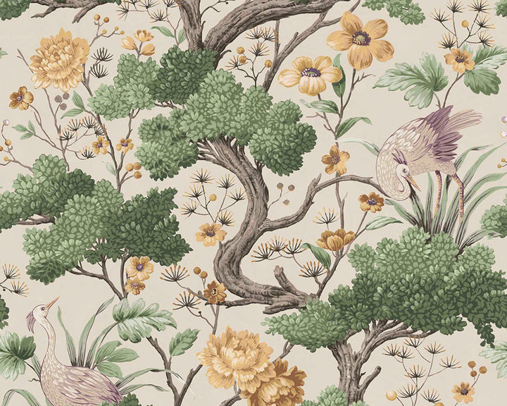 Woodchip & Magnolia Crane Bird Wallpaper