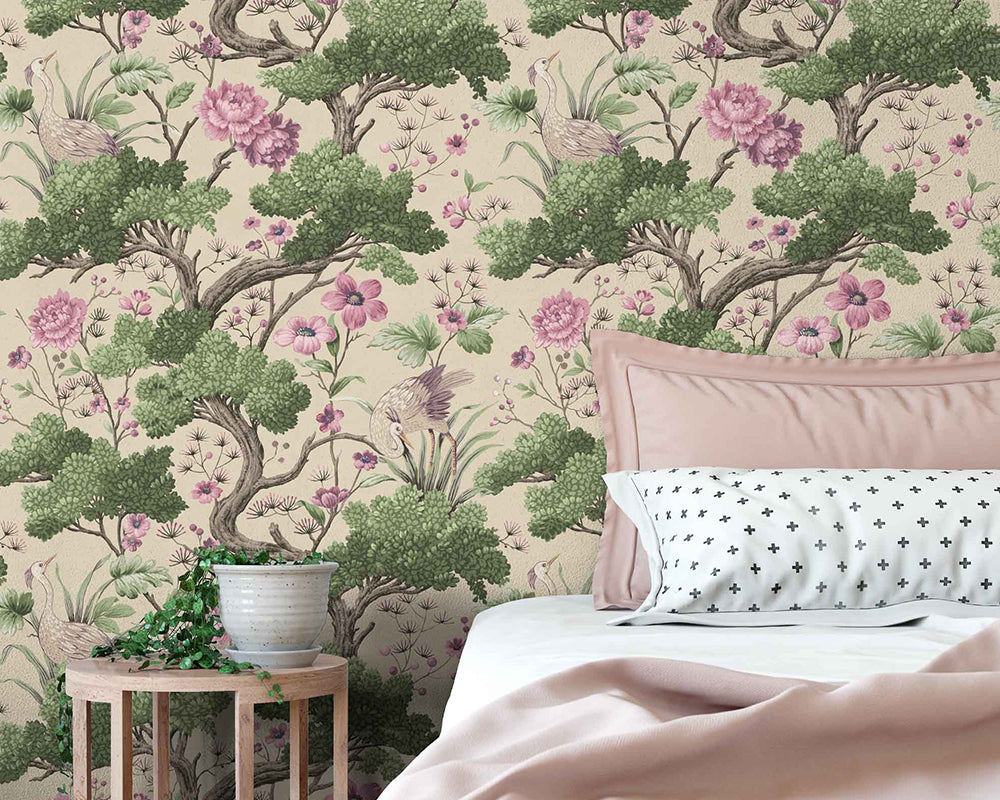 Woodchip & Magnolia Crane Bird Wallpaper in a bedroom