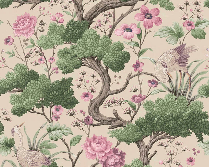 Woodchip & Magnolia Crane Bird Wallpaper