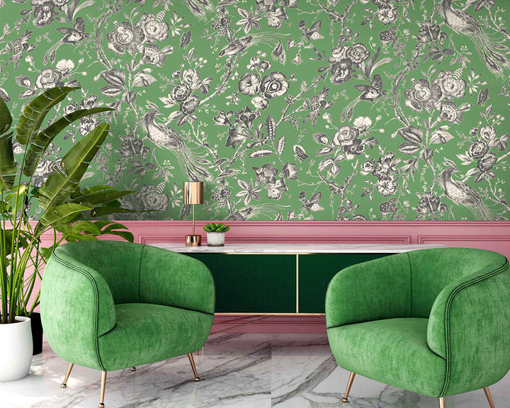 Woodchip & Magnolia Plumage Wallpaper in a living room