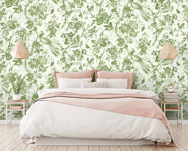 Woodchip & Magnolia Plumage Wallpaper in a bedroom