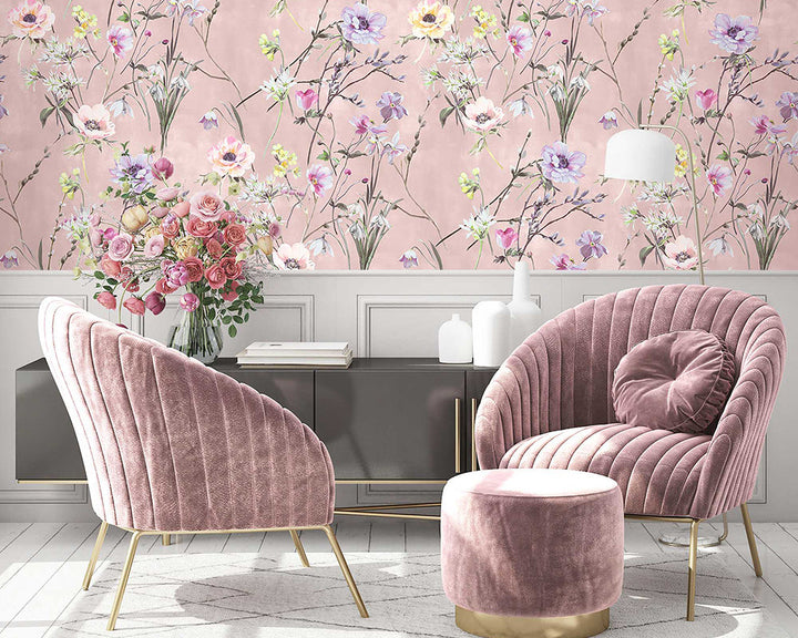 Woodchip & Magnolia Maytime Wallpaper in a living room