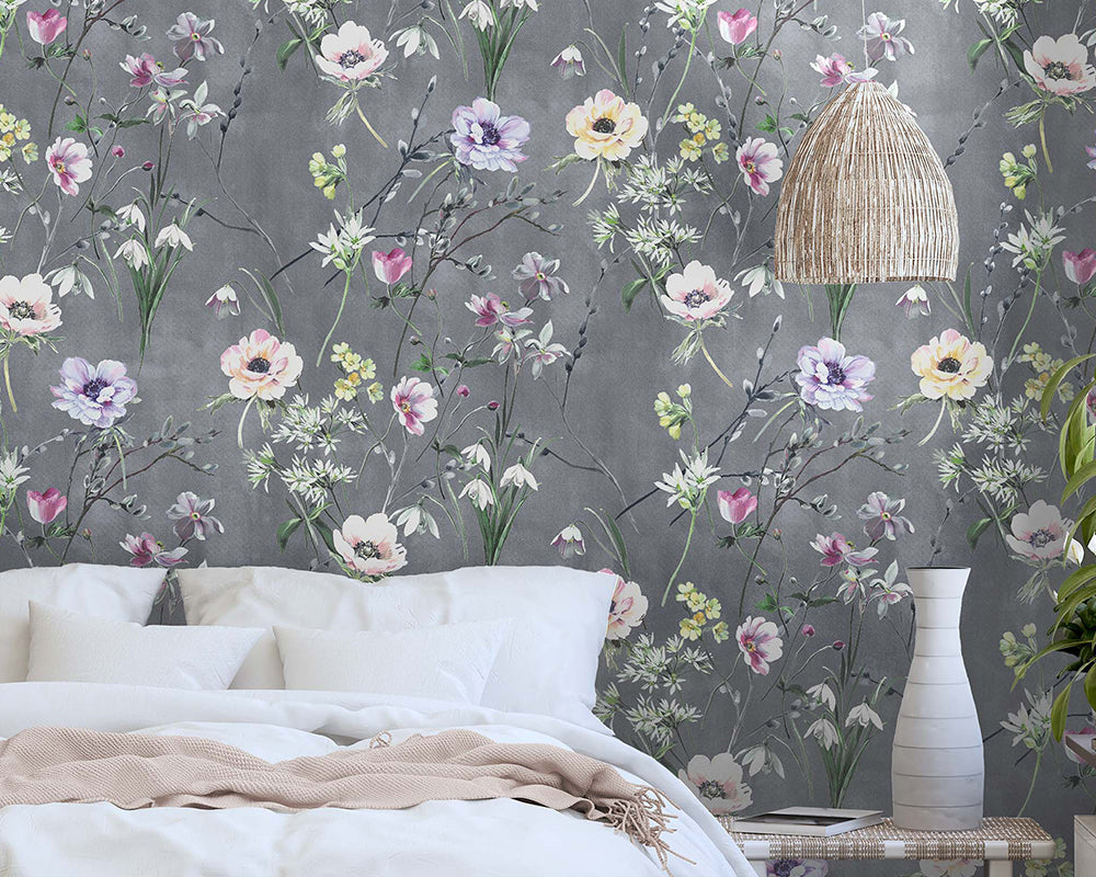 Woodchip & Magnolia Maytime Wallpaper in a bedroom