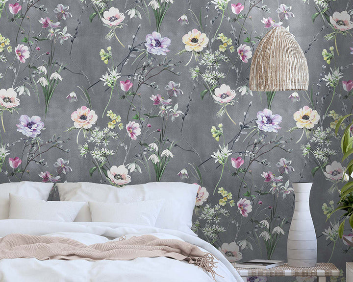 Woodchip & Magnolia Maytime Wallpaper in a bedroom