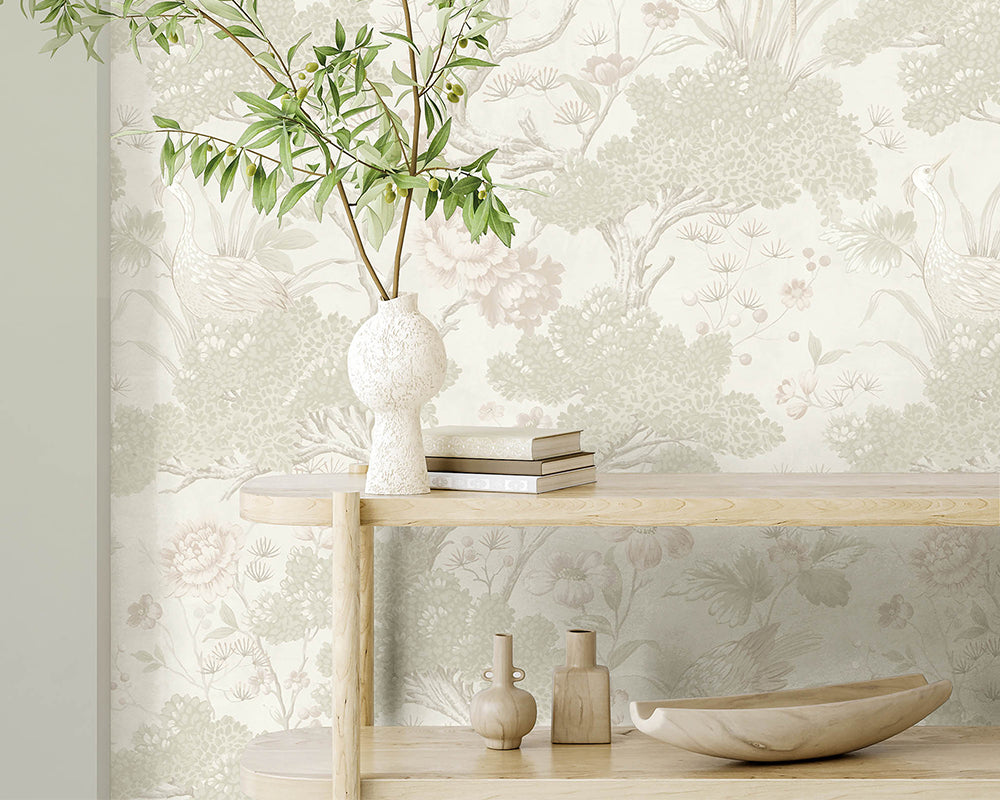 Woodchip & Magnolia Crane Bird Wallpaper in a living space