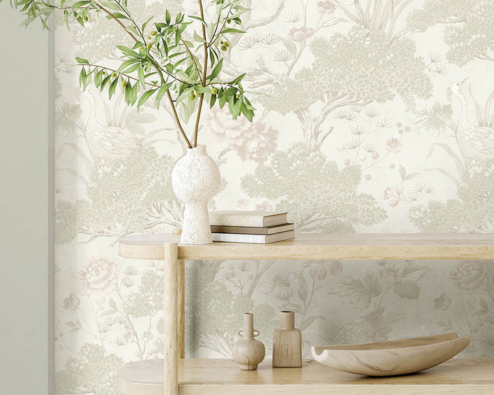 Woodchip & Magnolia Crane Bird Wallpaper in a living space