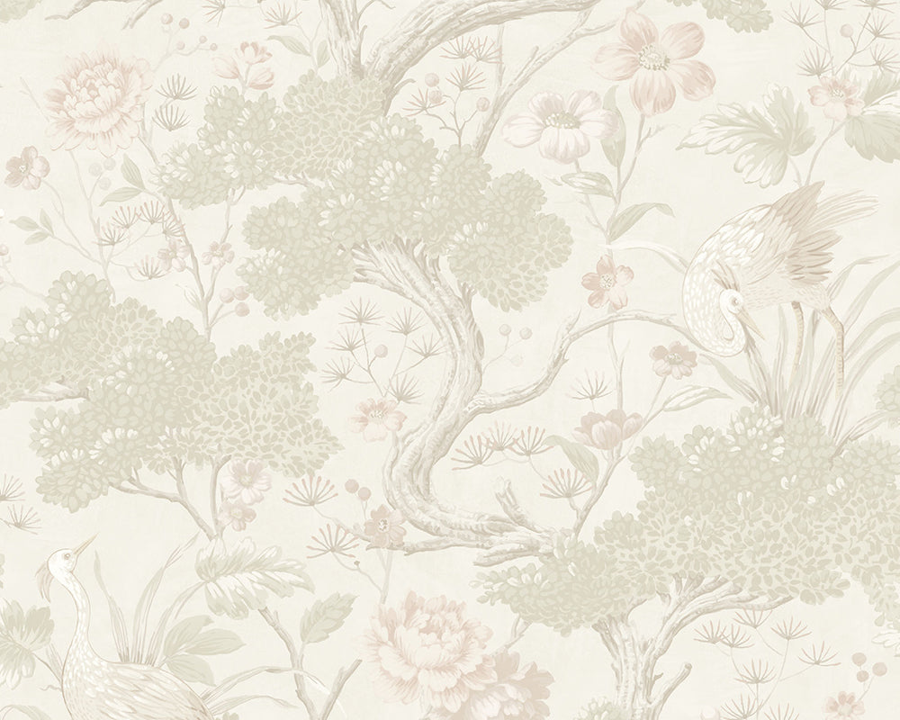 Woodchip & Magnolia Crane Bird Wallpaper
