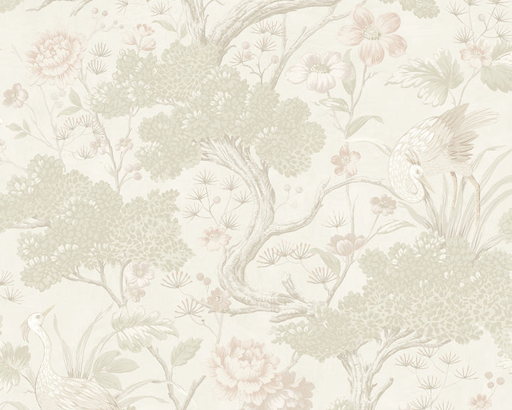 Woodchip & Magnolia Crane Bird Wallpaper